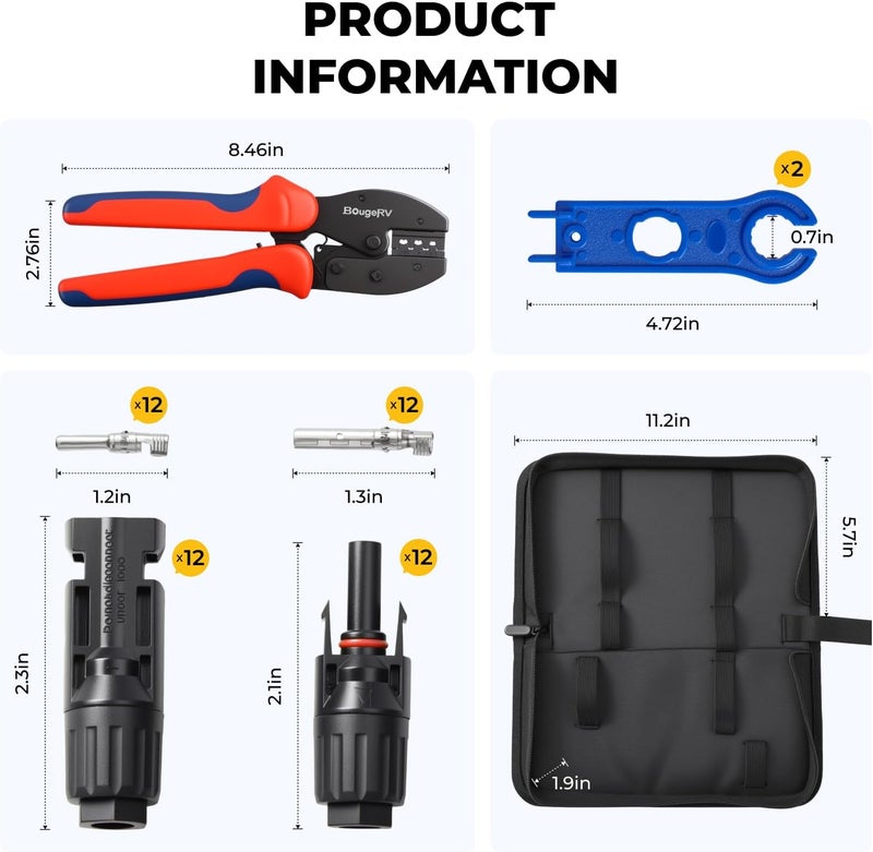 BougeRV Solar Crimper Tool Kit - Crimper, 12 Pairs Connectors, 2 Spanner Wrench for 14-10 AWG Solar Panel Cable Wire Crimping PV Assembly and Installation - Image 2